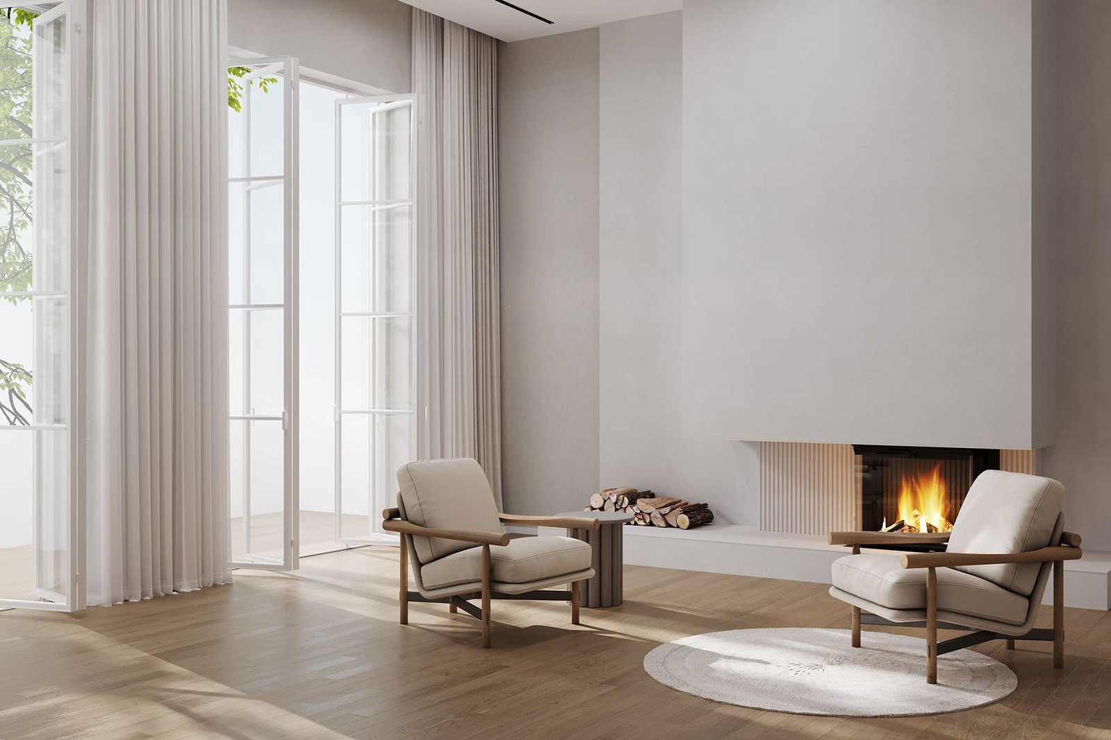 Salón minimalista con chimenea | lemjas